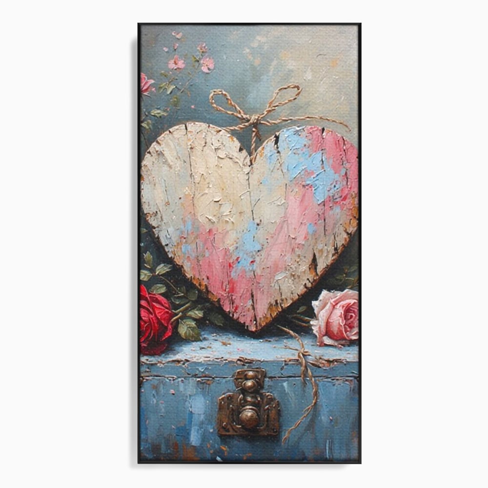 Tablou canvas cu tablou canvas cu inima din lemn si flori, in rama de aluminiu negru